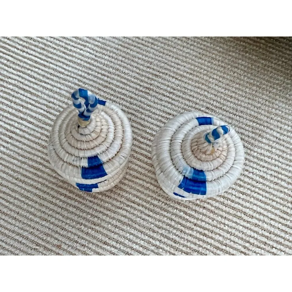 African Woven Baskets Pair Boho Hanging Jewelry Ring Box Tan Blue Rattan